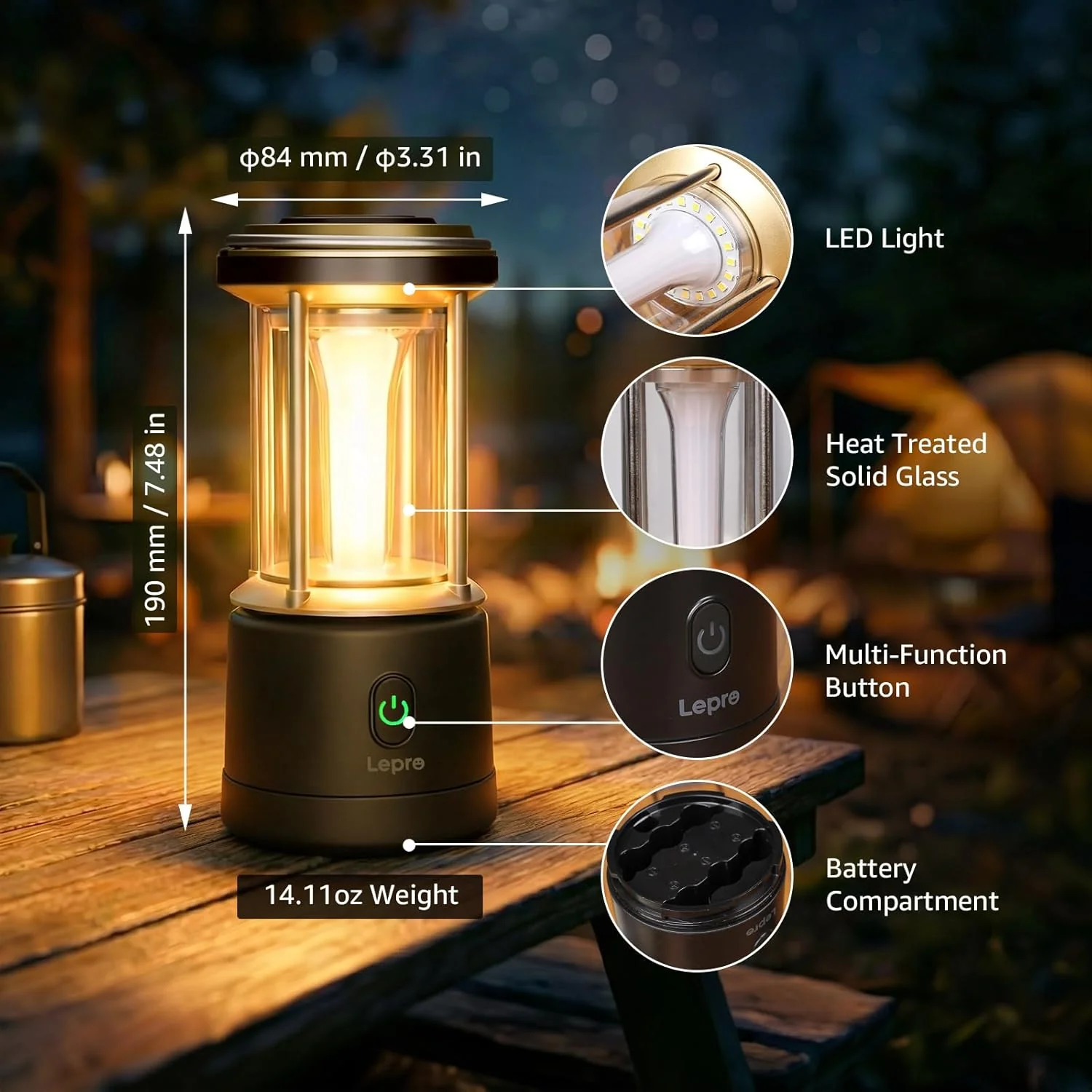 Lepro 1100LM Battery Powered LED Camping Lantern, Waterproof Tent Light with 5 Light Modes, Camping Essentials, Portable Lantern Flashlight for Camping, Emergency Light, Power Outage, Not Rechargeable - Image 4