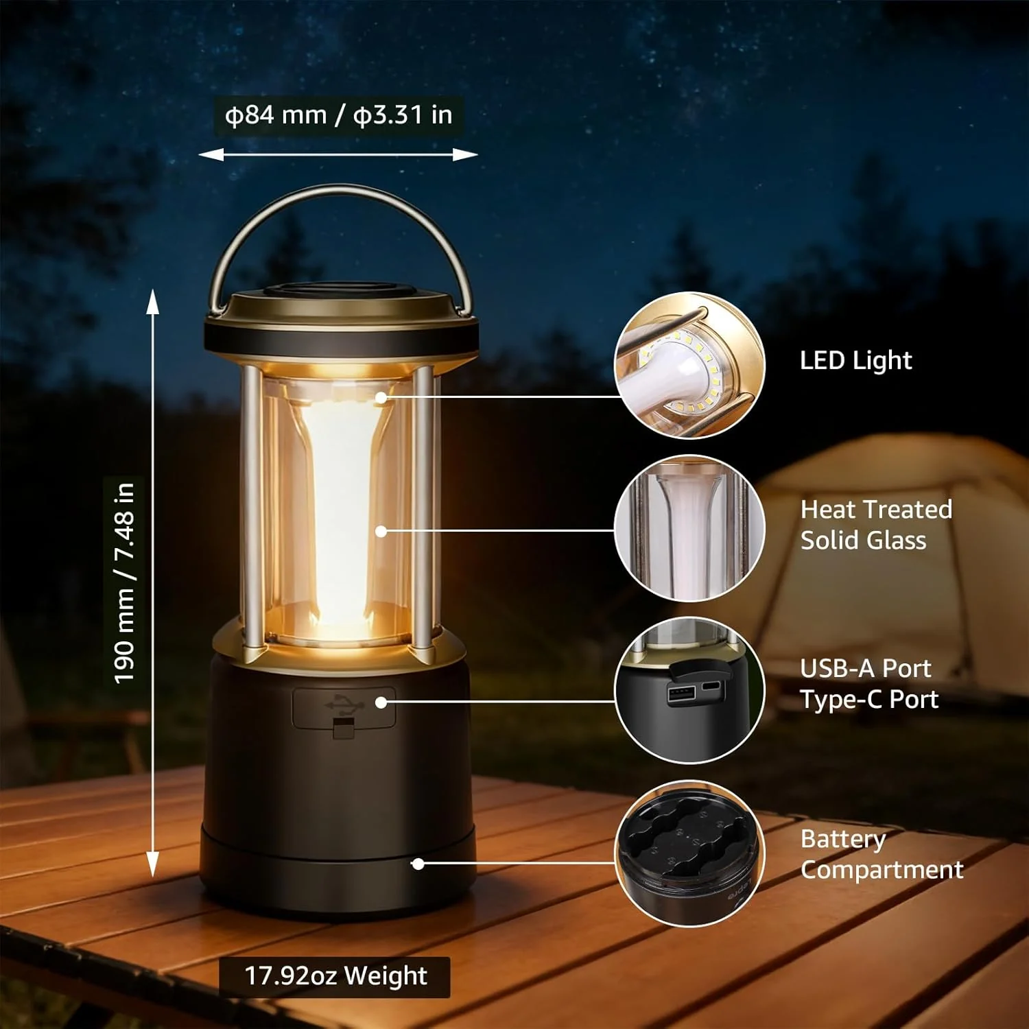 Lepro 2000LM LED Camping Lantern Rechargeable, Waterproof Tent Light with 5 Light Modes, Camping Essentials, Portable Lantern Flashlight for Camping, Emergency Light, Power Outage, USB Cable Included - Image 8