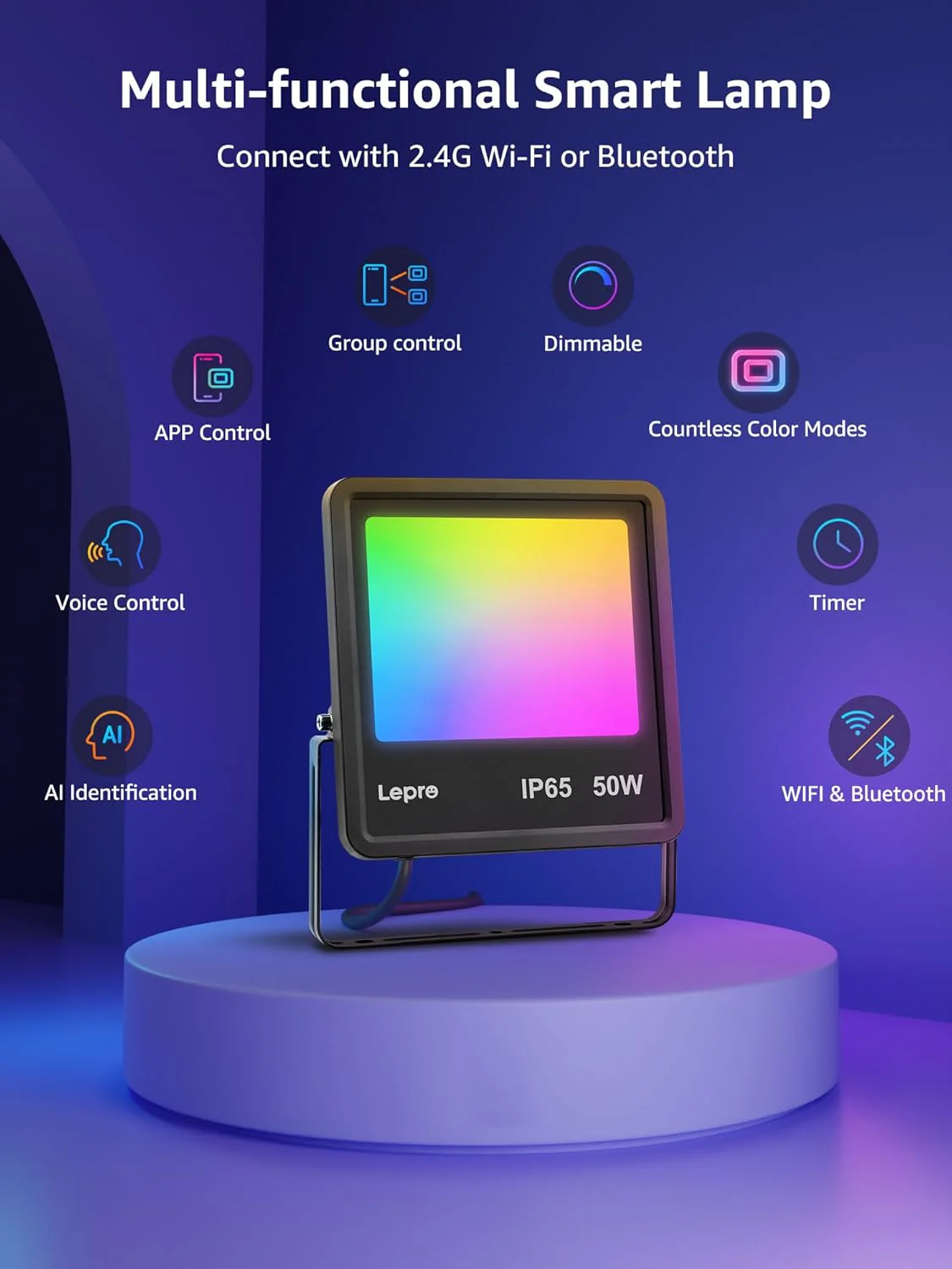 Lepro 30W Smart Flood Lights Outdoor, 2700LM RGBW Color Changing, IP65 Waterproof, 2700K Warm White & 16M Colors, App/Voice/Alexa/Google Home Control, US Plug - Image 3
