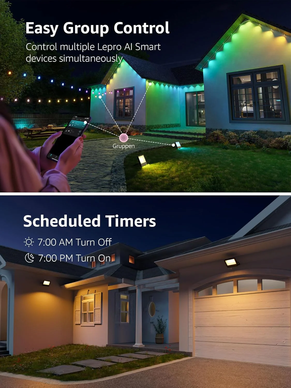 Lepro 30W Smart Flood Lights Outdoor, 2700LM RGBW Color Changing, IP65 Waterproof, 2700K Warm White & 16M Colors, App/Voice/Alexa/Google Home Control, US Plug - Image 5