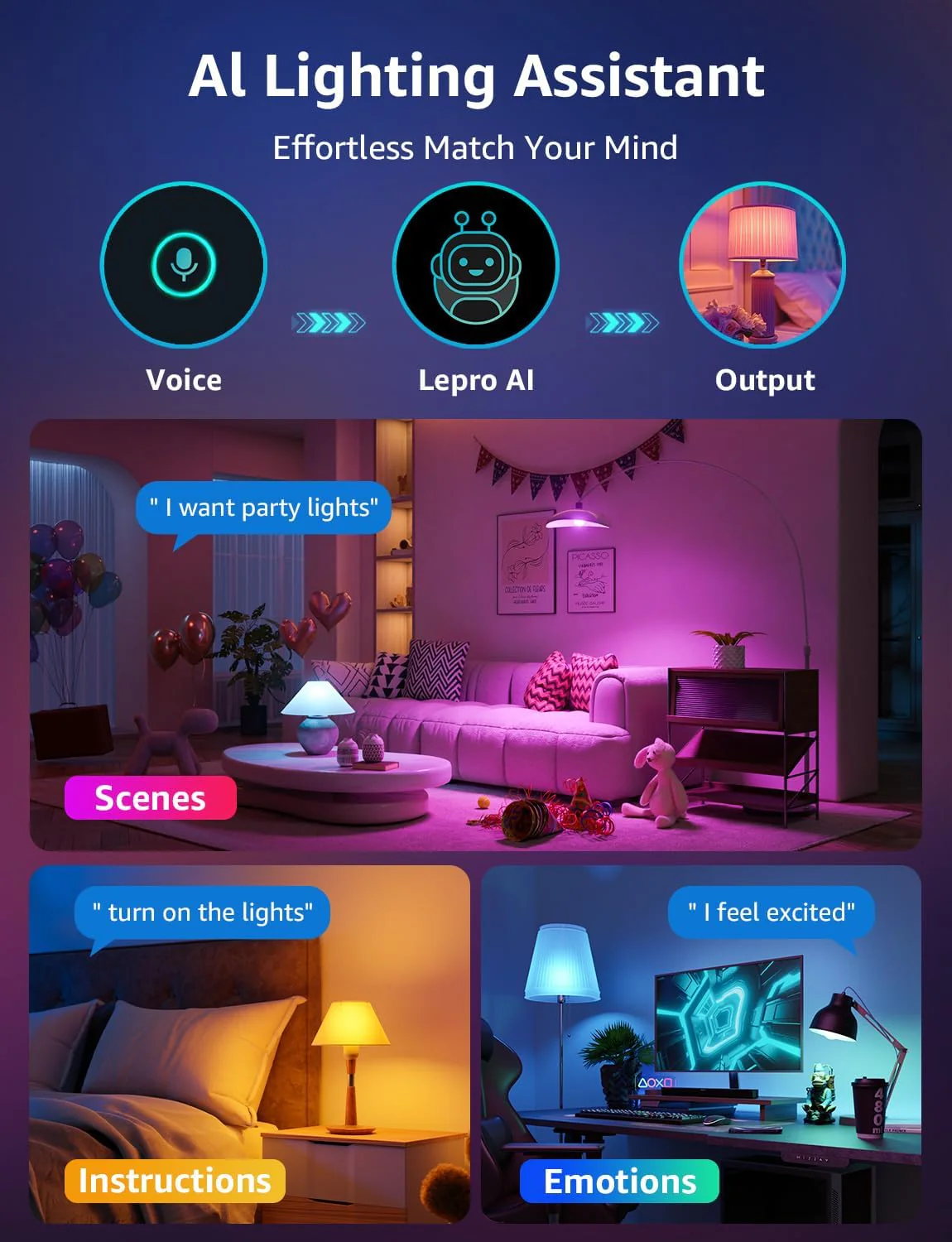 Lepro B3 AI Smart Light Bulbs - 1500LM 100W Equivalent A21 Bulb, WiFi & Bluetooth RGBWW Color Changing, Works with Alexa & Google Assistant, AI Voice Control by App, Music Sync, 2.4GHz Only - Image 2