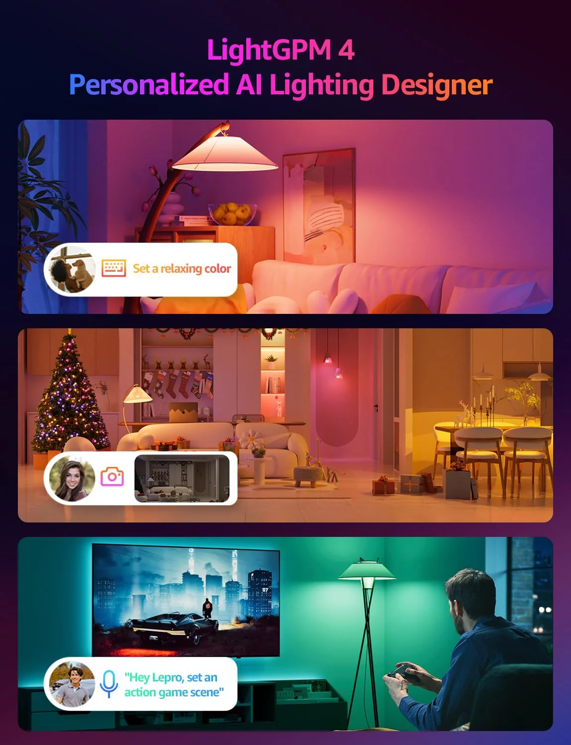 Lepro BR2 AI LED Smart Bulbs - AI Generated Lighting, LightGPM 4 with LLM, LightBeats Music Sync, Voice Control Via App, RGBWW Colors, Compatible with Alexa & Google Assistant, BR30 E26 8W, 4 Packs - Image 2
