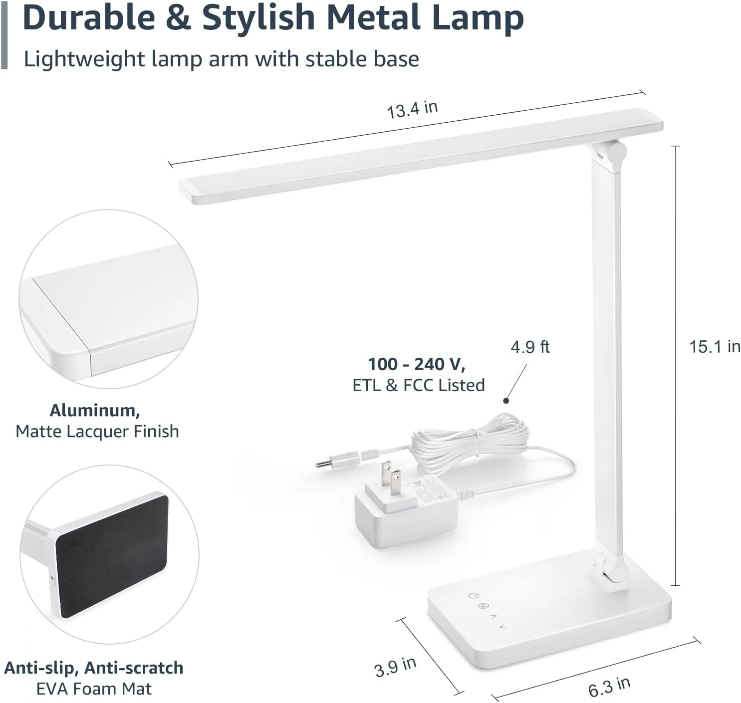 Lepro LED Desk Lamp (Dimmable, White, with USB Charging Port) - Image 6