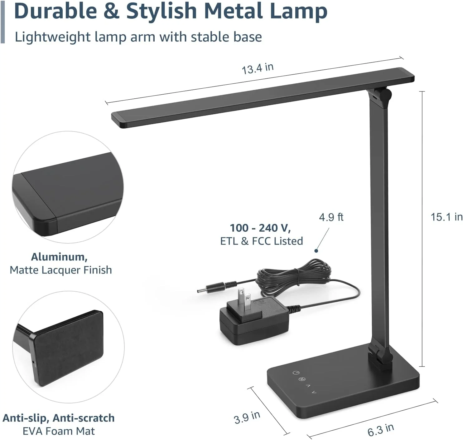 Lepro LED Desk Lamp (Dimmable, Black, with USB Charging Port) - Image 8