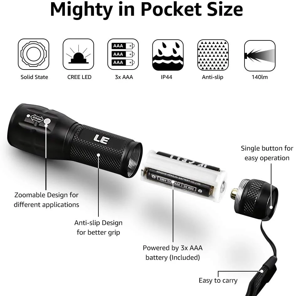 Lepro Portable LED Flashlight – High Lumens, Waterproof (Black, AAA Batteries Included) - Image 7