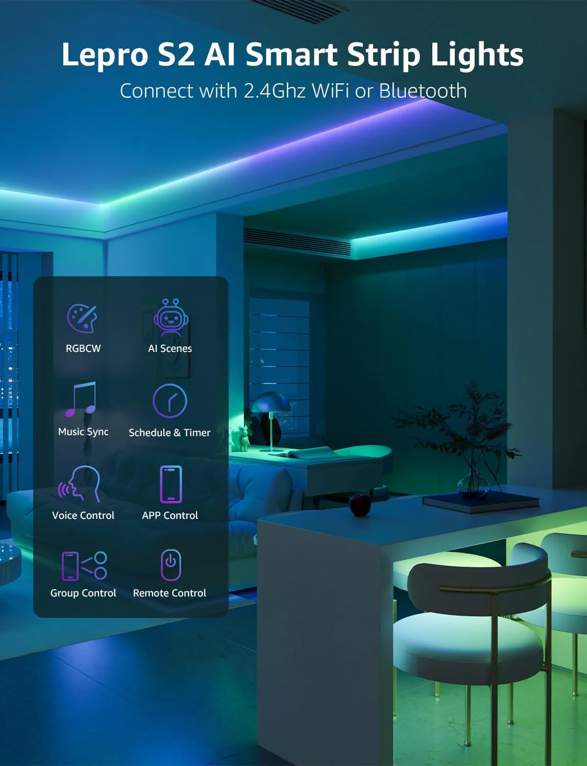 Lepro S2 Smart LED Strip Lights with AI Features (Dynamic RGB+Warm White+Daylight White) - Image 9