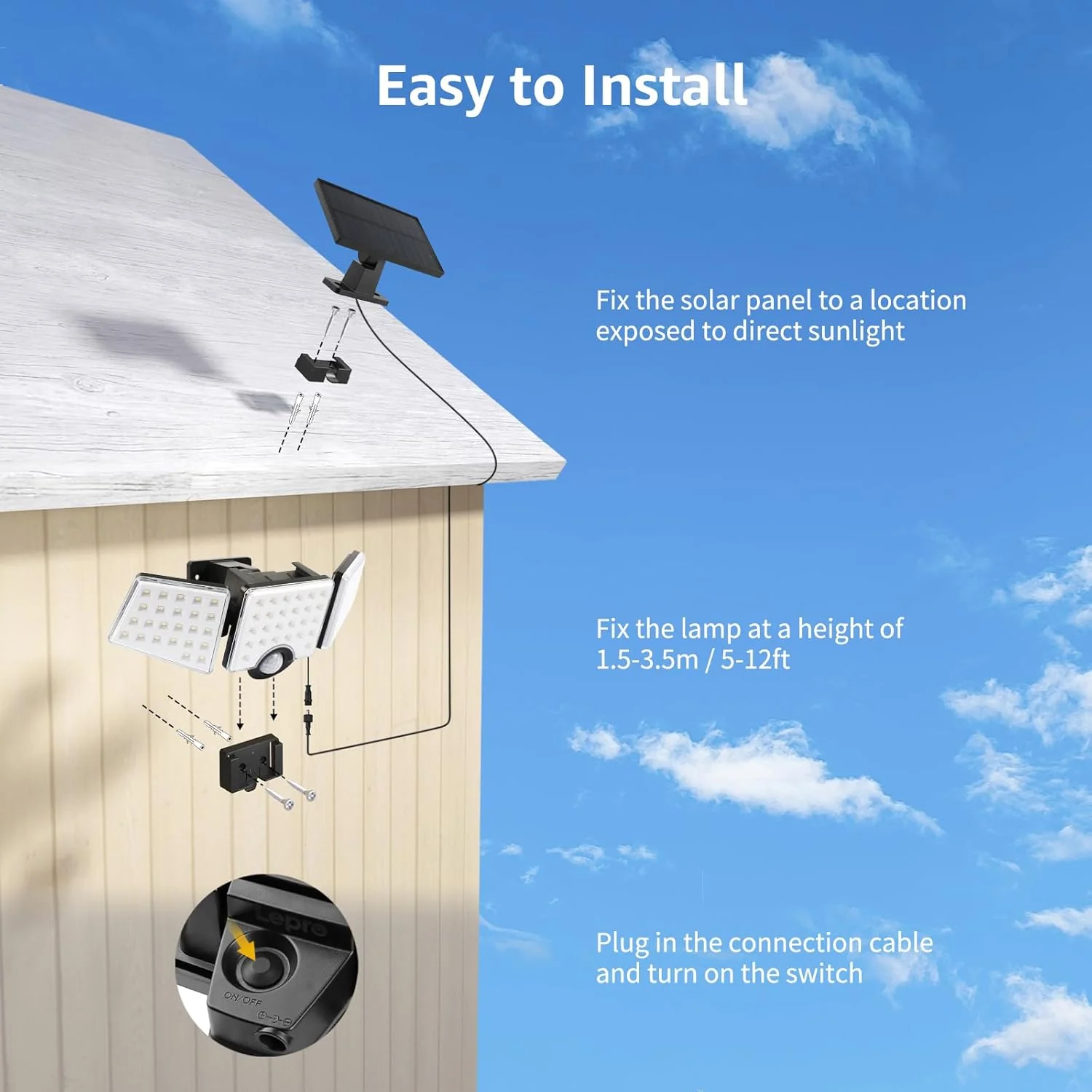 Lepro Solar Motion Sensor Flood Lights with Separate Solar Panel - 1000LM - Image 8