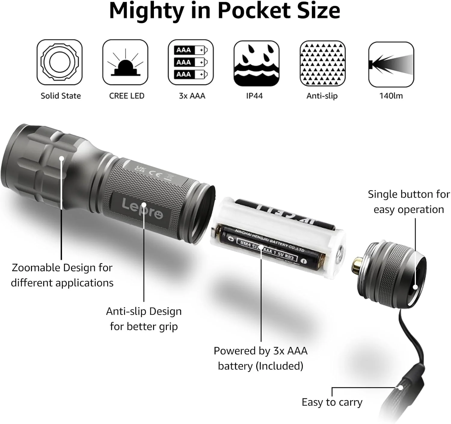 Lepro Portable LED Flashlight – High Lumens, Waterproof (Gray, AAA Batteries Included) - Image 4