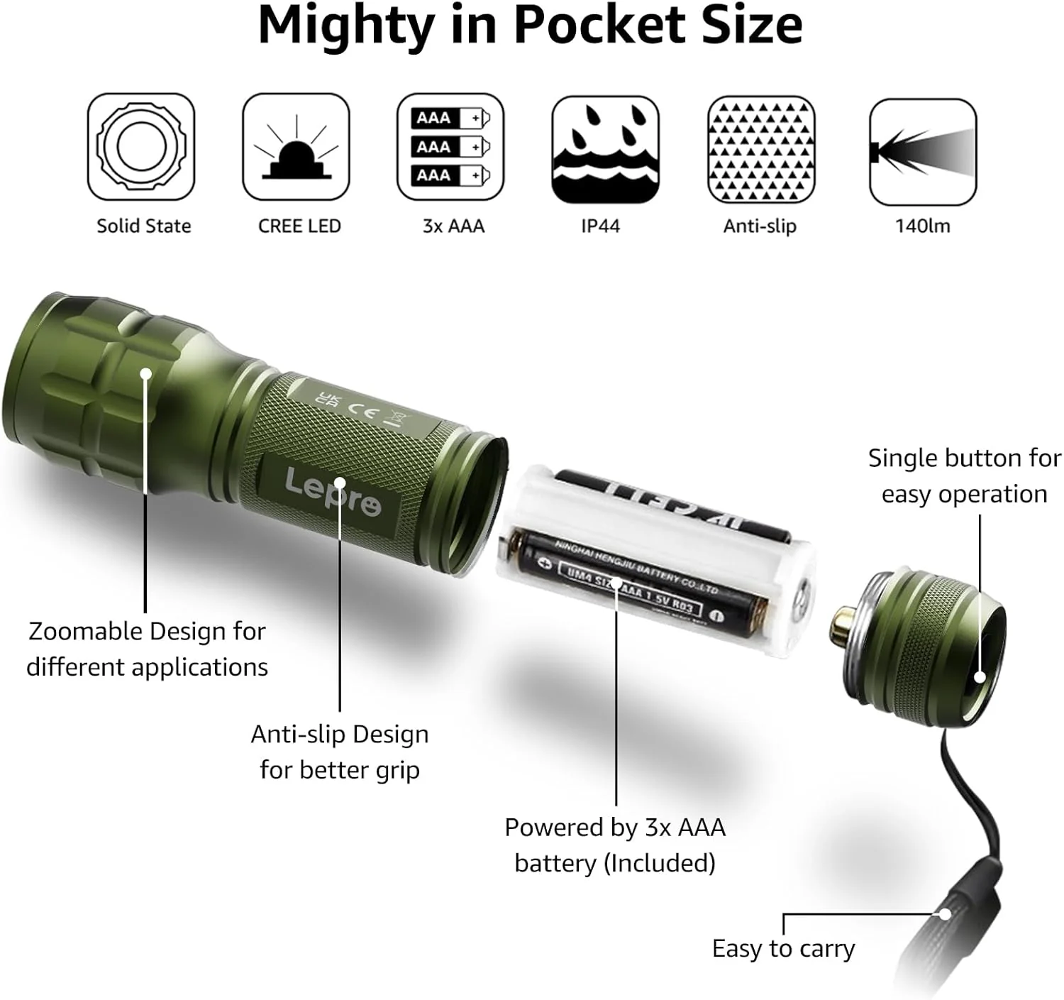 Lepro Portable LED Flashlight – High Lumens, Waterproof (Green, AAA Batteries Included) - Image 4